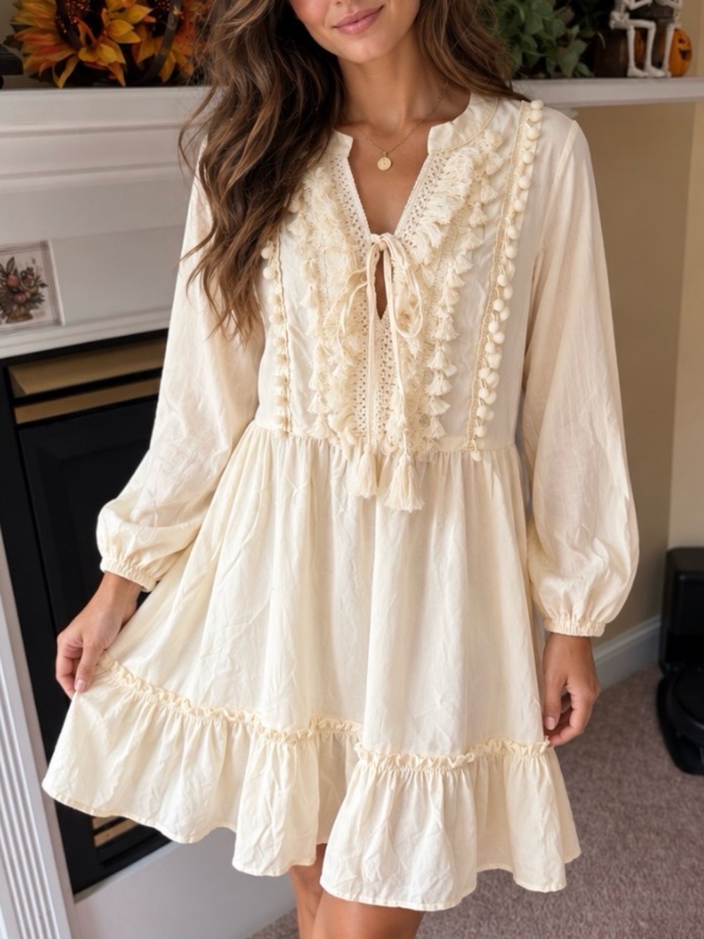 Boho Tassel-Front Cream Dress NWT L/XL LONG SLEEVES